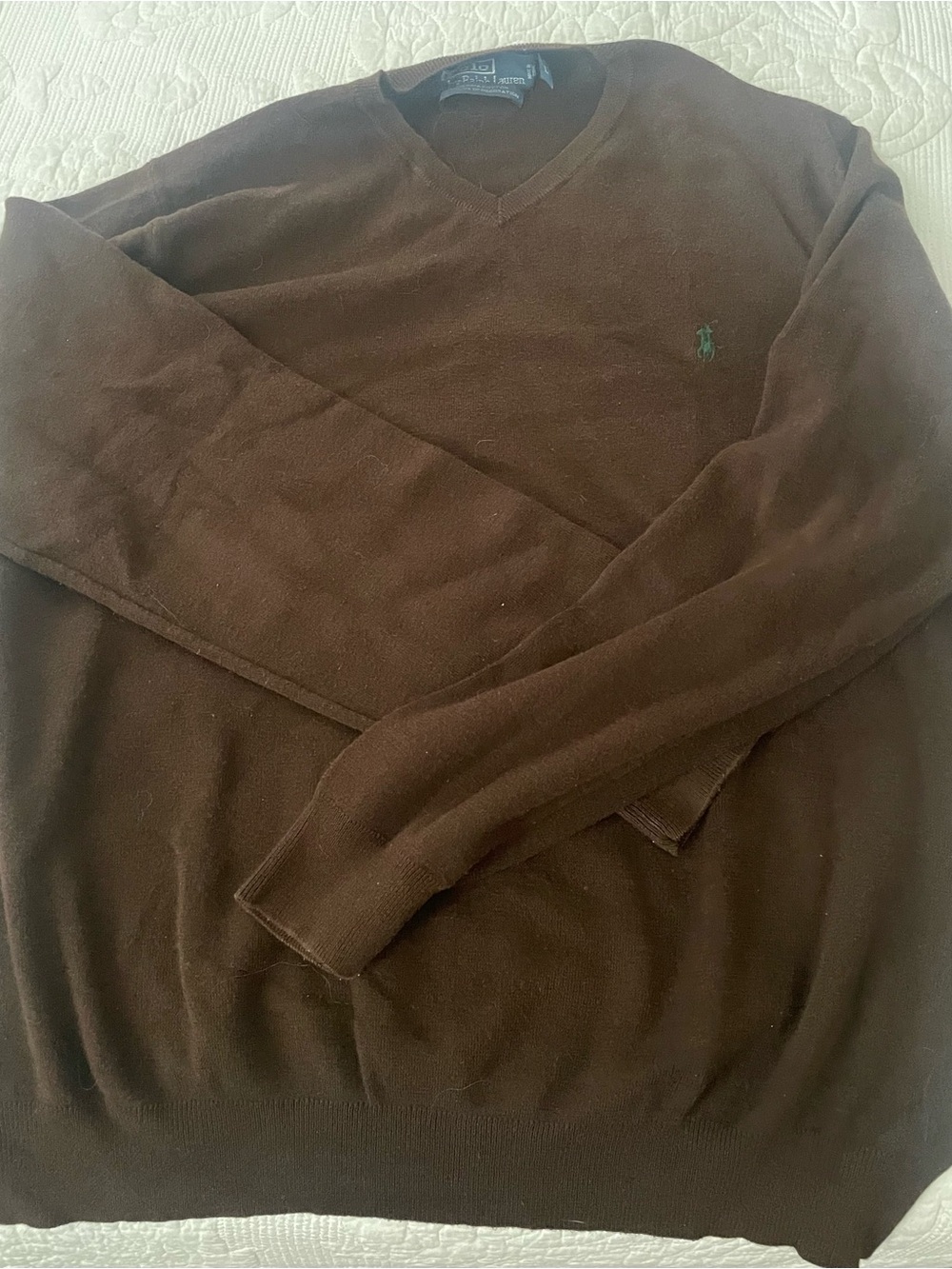 Ralph Lauren Brown V-Neck Sweater with Green Polo Logo